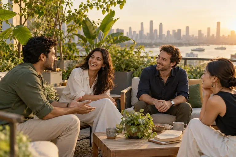 A diverse team sharing ideas on a sunlit rooftop