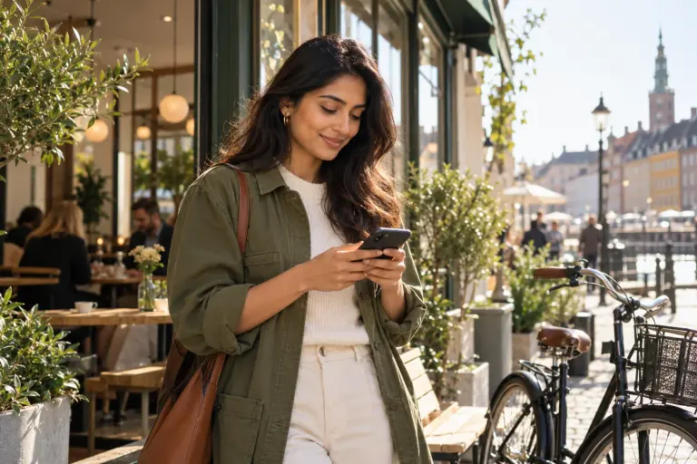 A woman using her phone outside a contemporary city café