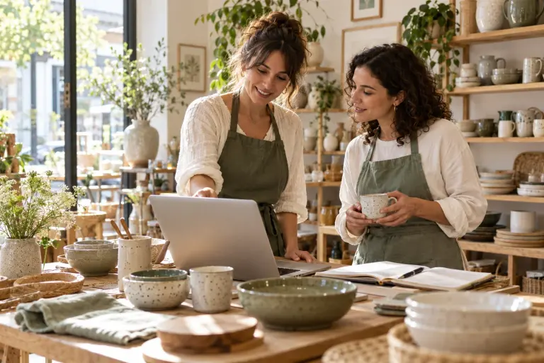 A small business owner collaborating in her ceramics store