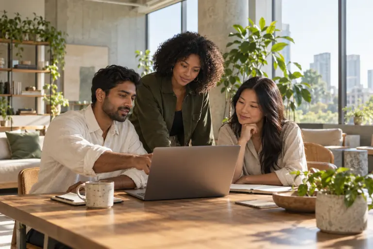Entrepreneurs collaborating in a bright modern workspace