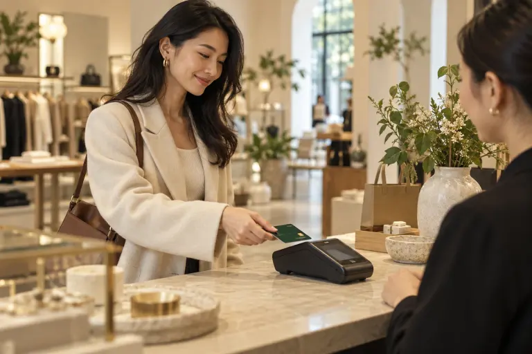 A shopper paying with a card in a design boutique