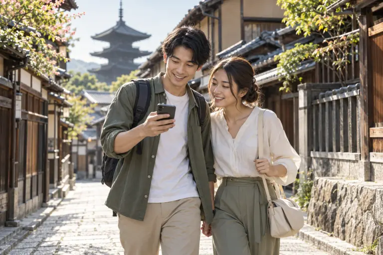 Travelers navigating a quiet Kyoto street with a phone