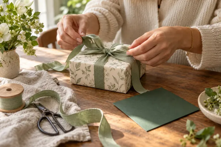 A thoughtful present being wrapped with a sage ribbon