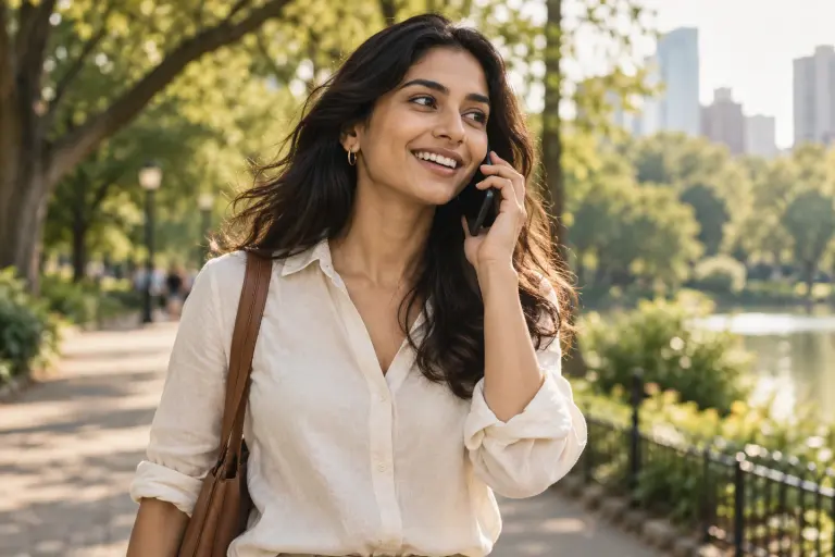 A woman staying connected on a call in a sunlit park