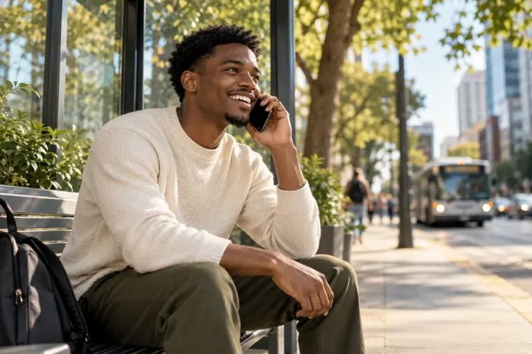A man enjoying a phone conversation at an urban bus stop