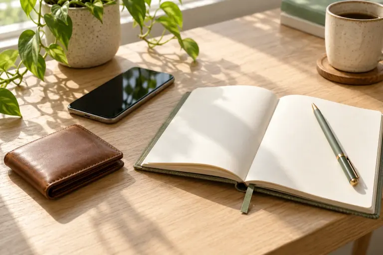 Wallet and phone on a sunlit desk