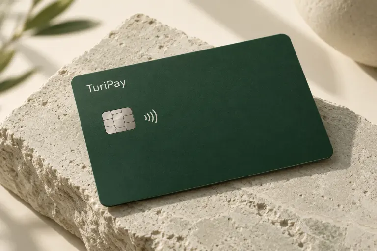 A TuriPay card photographed on a sculpted limestone surface