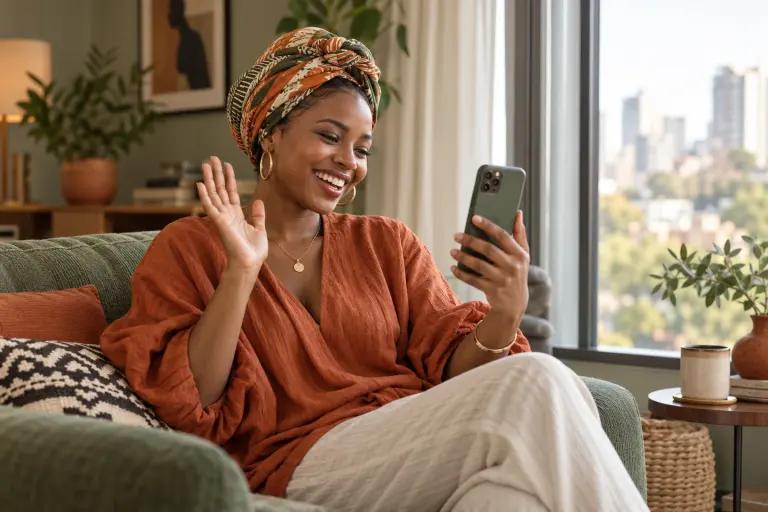 A woman connecting with family on a video call