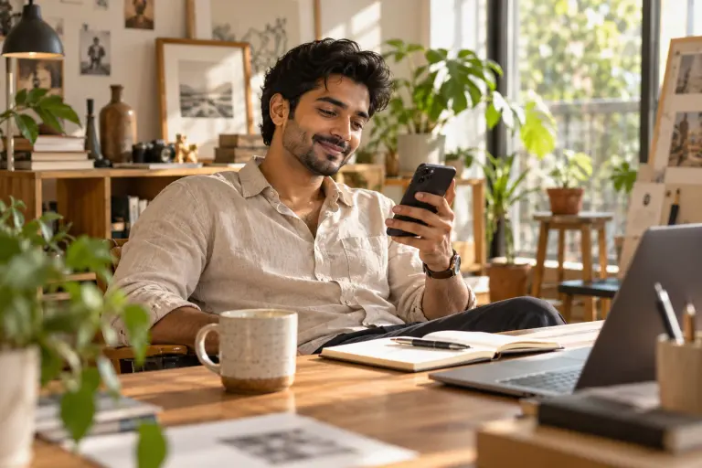 A freelance designer reviewing finances in his home studio